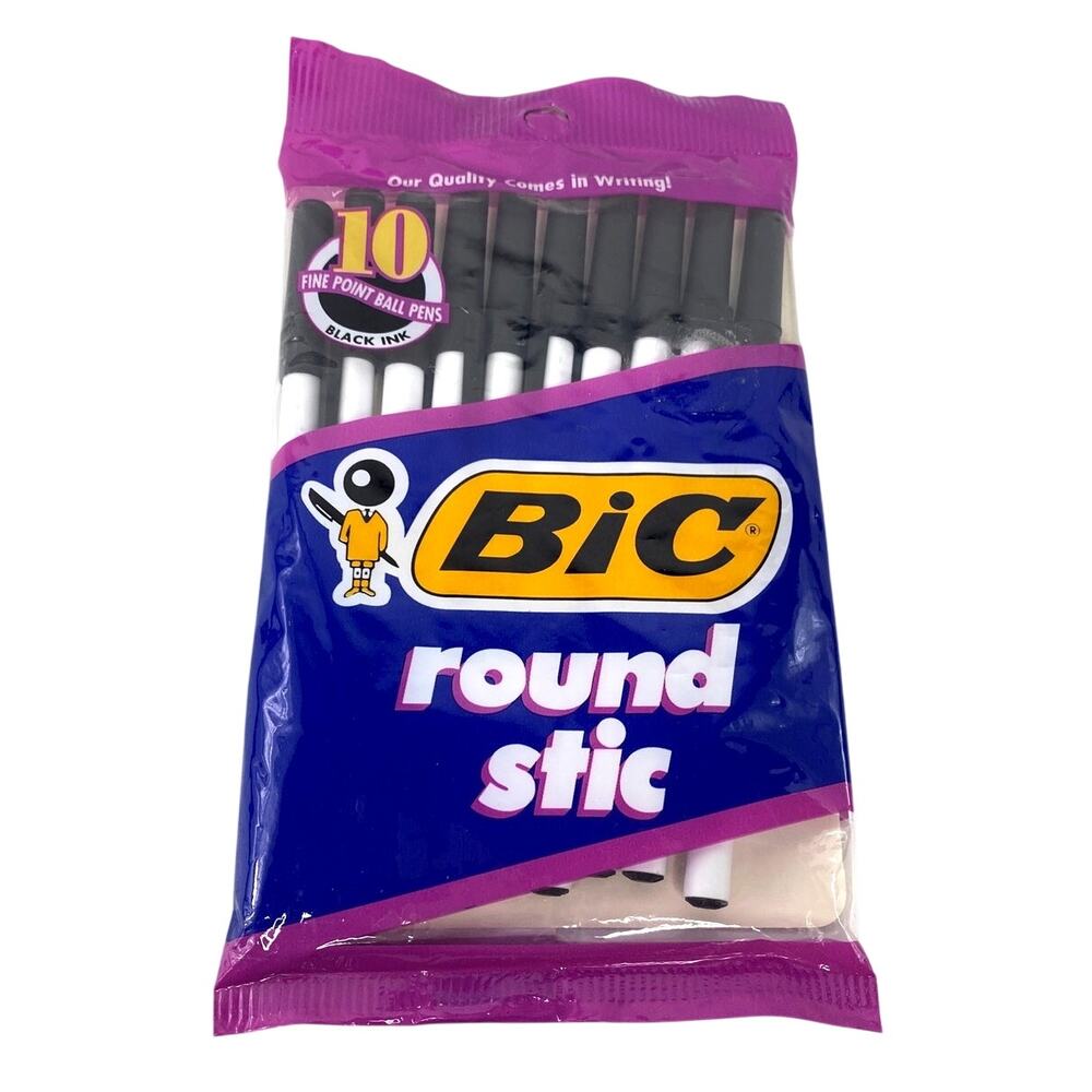 Vintage 1991 Bic Round Stic Black Ball Point Pens 10 PackNew Old Stock USA Made